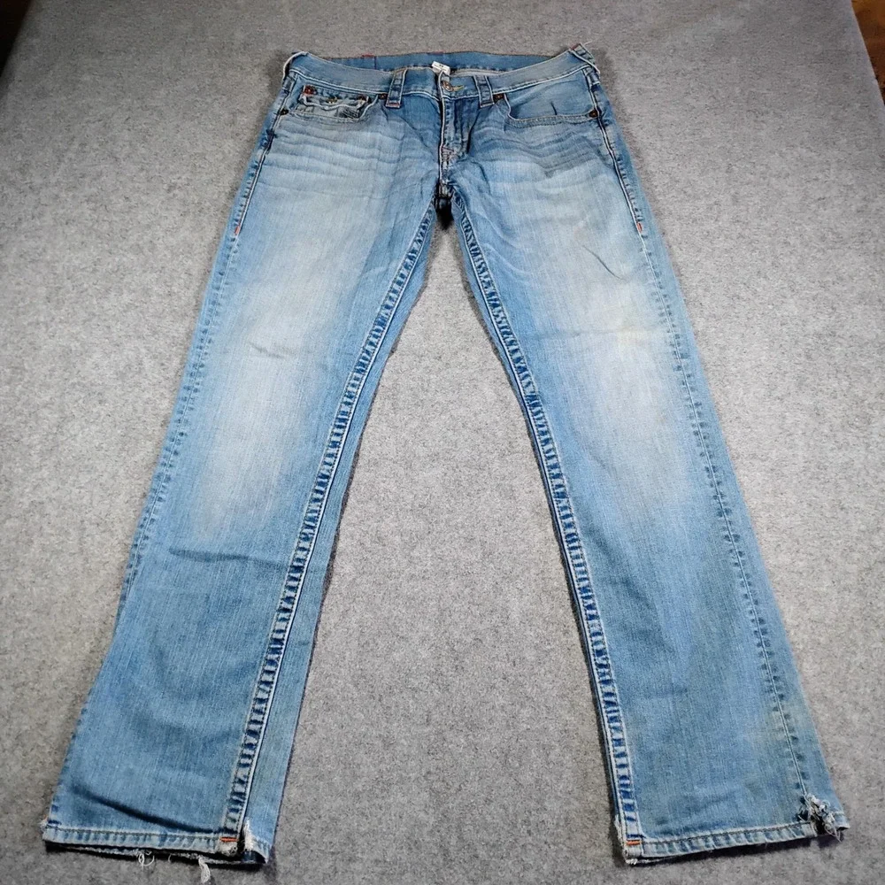 True‎ Religion Slim W Flap Old Multi SN Jeans Mens 36x33 Light Wash Distressed